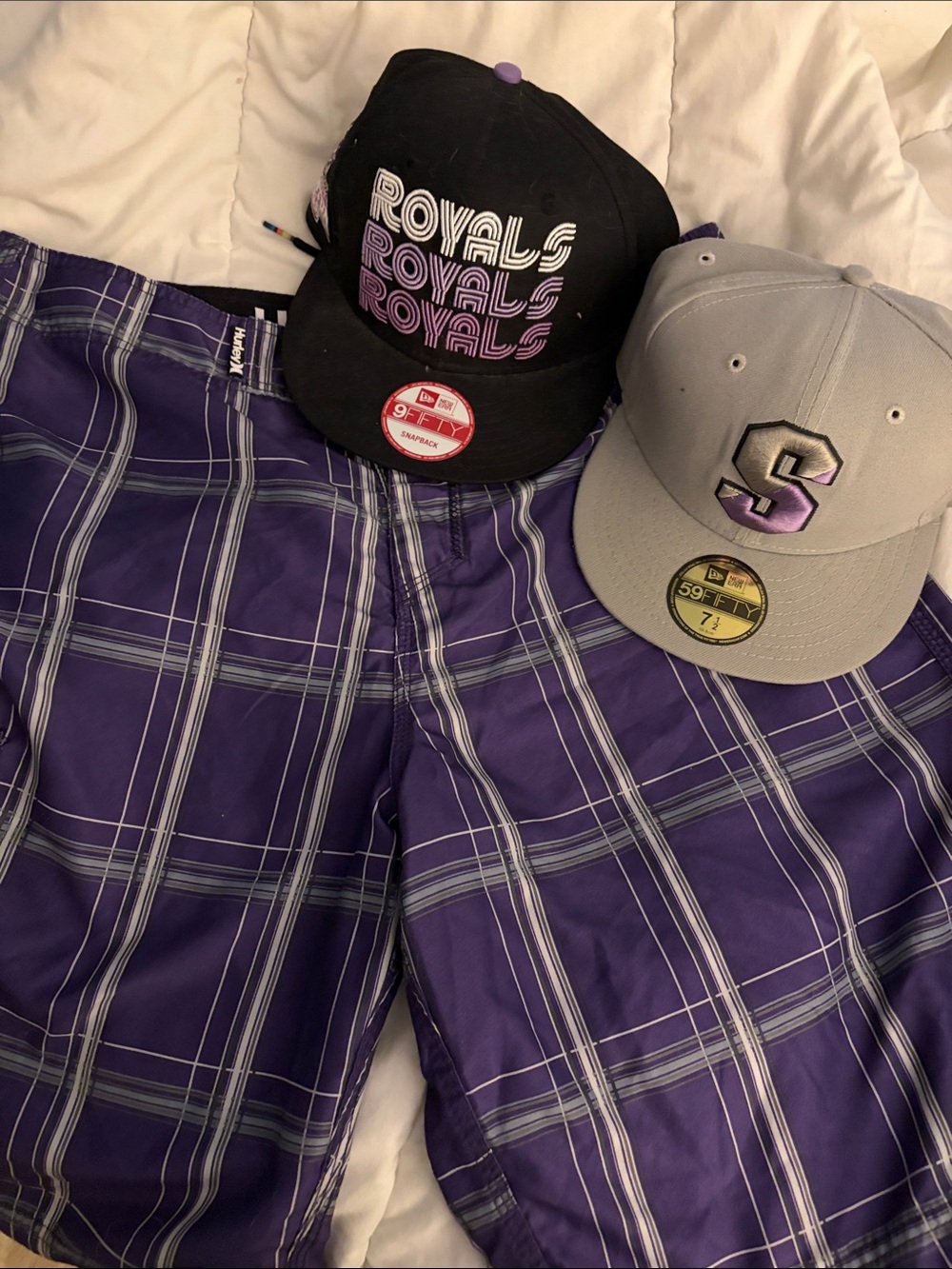 Hurley Scranton University Purple Plaid Men's Swim Trunks and hats